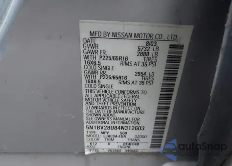 2004 Nissan Quest 3.5 S из США, поврежденный, VIN 5N1BV28U84N312603